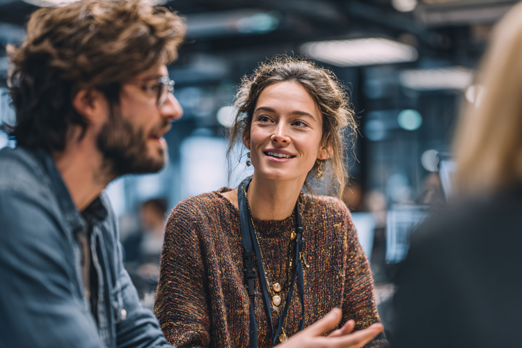 Diverse colleagues collaborating in modern office, smiling