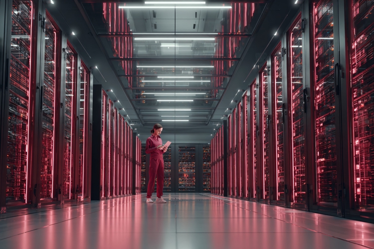 Technician in Server Room with Red Lights, Data Center
