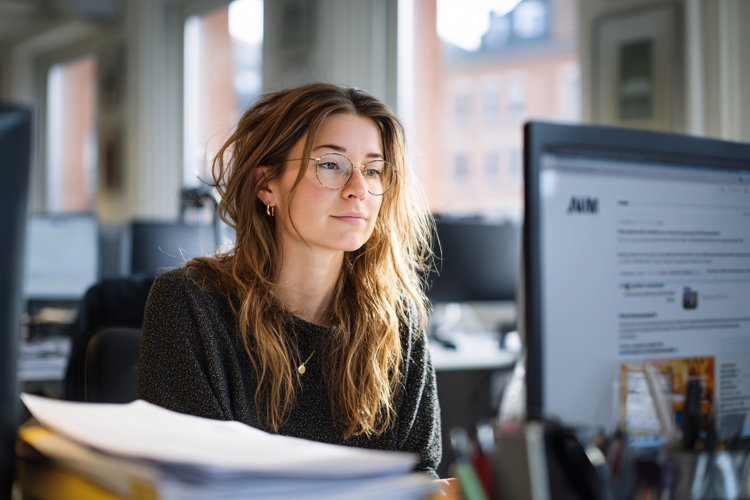 Young woman wearing glasses working on computer in modern