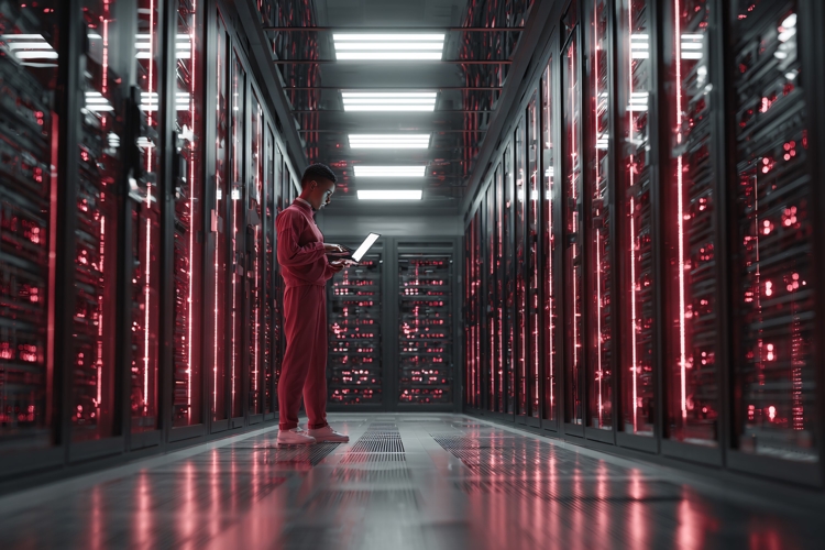 Man in Server Room with Laptop, Data Center Technology, Red