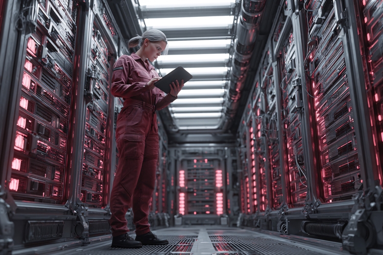 Woman in Futuristic Server Room with Red Lights, Holding Tab