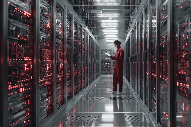 Technician in Server Room with Tablet, Data Center Rows, Red