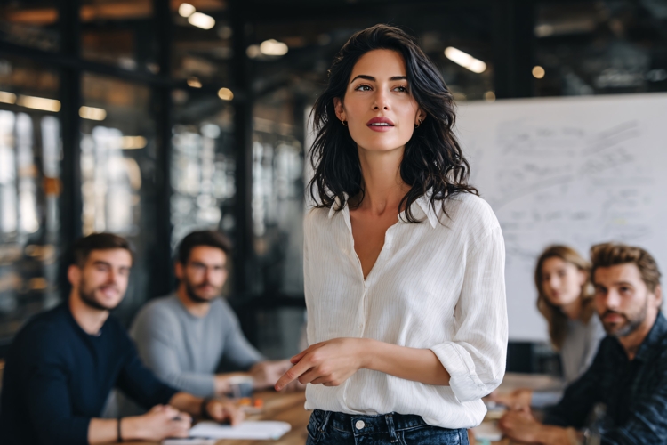 Confident Woman Leader Presenting to Diverse Business Team