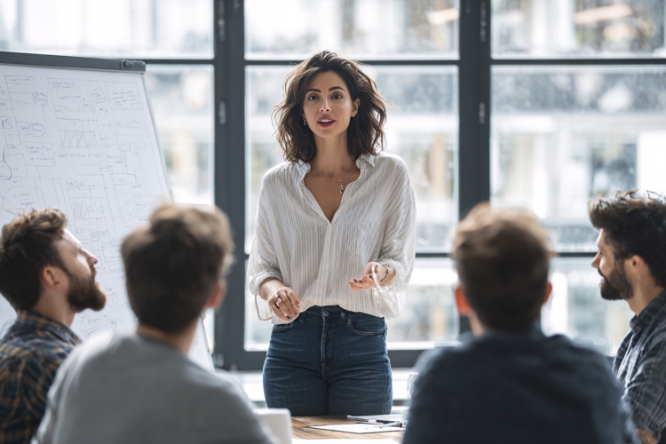 Business woman leading team meeting, presenting ideas in mod