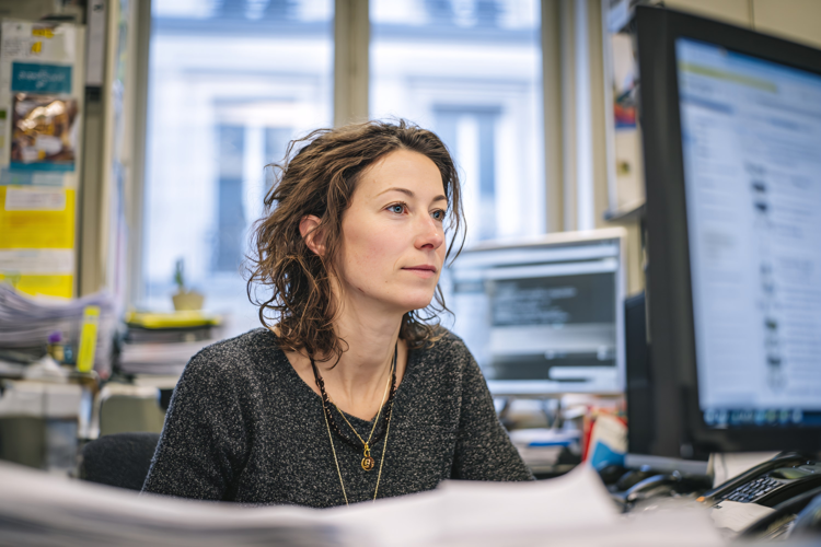 Focused Woman Working at Desk in Office Environment, Compute