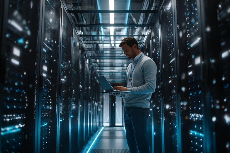 IT Technician Working on Laptop in Modern Server Room