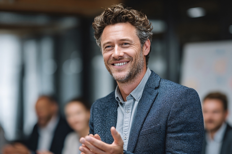 Smiling Business Man Applauding in Modern Office Meeting