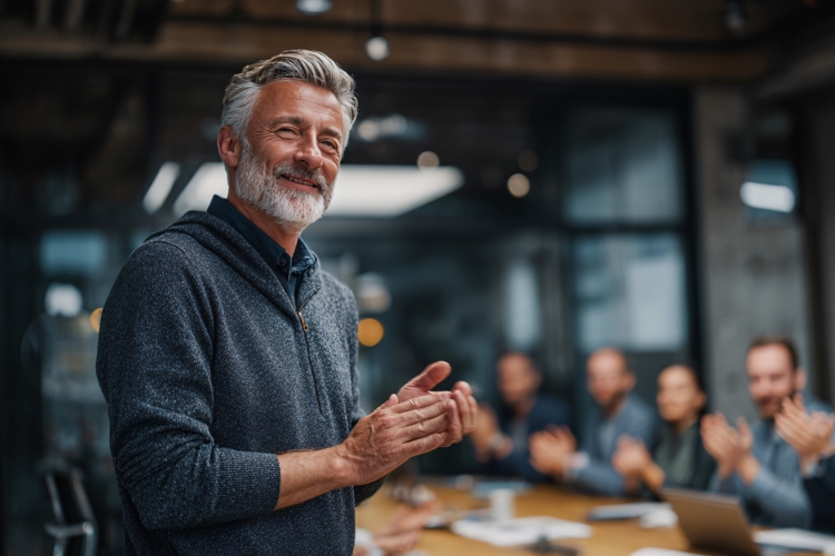 Smiling Senior Businessman Leading Meeting, Applauding