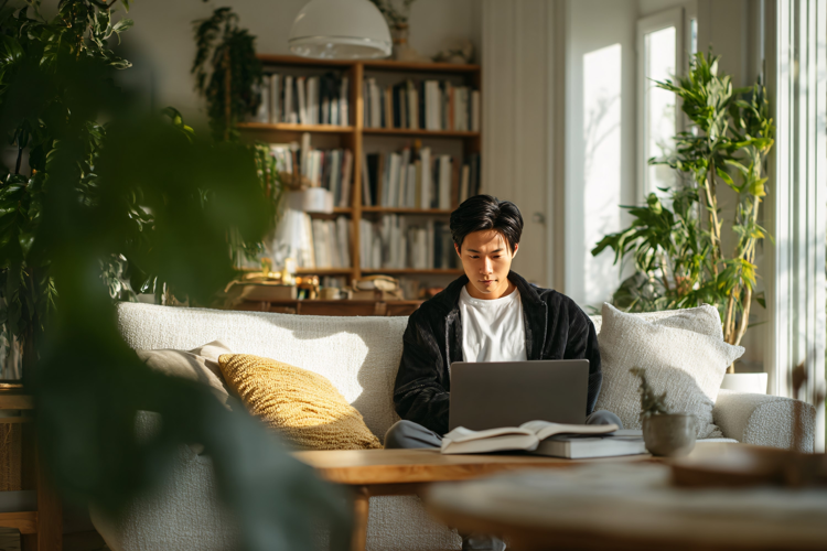 Young Asian man working on laptop on sofa in bright, cozy