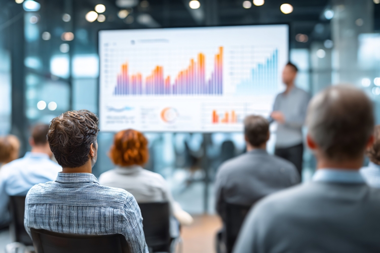 Business Team Watches Presentation with Financial Growth