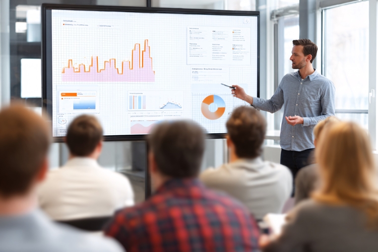 Business Meeting: Presenter Explains Growth Chart on Large