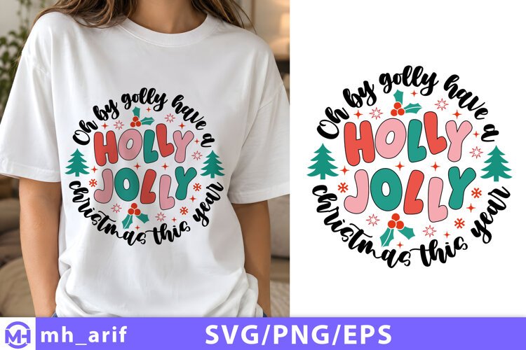 Holly Jolly Christmas SVG PNG Retro Christmas Shirt Design example image 1