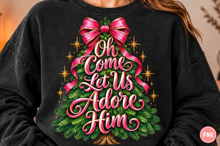 Oh Come Let Us Adore Him PNG | Pink Bow Christian Christmas example image 1