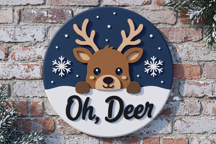 Oh Deer Reindeer Door Hanger SVG, Round Wooden Laser Cut example image 1