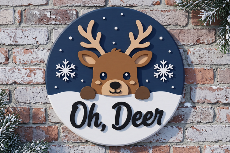 Oh Deer Reindeer Door Hanger SVG, Round Wooden Laser Cut