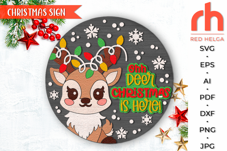 Christmas Deer Door Sign SVG, Xmas Hanger Cut File