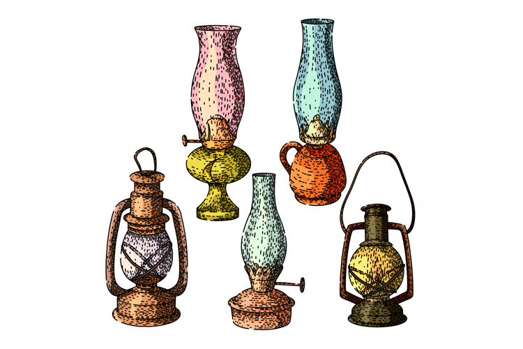 oil lamp set sketch hand drawn