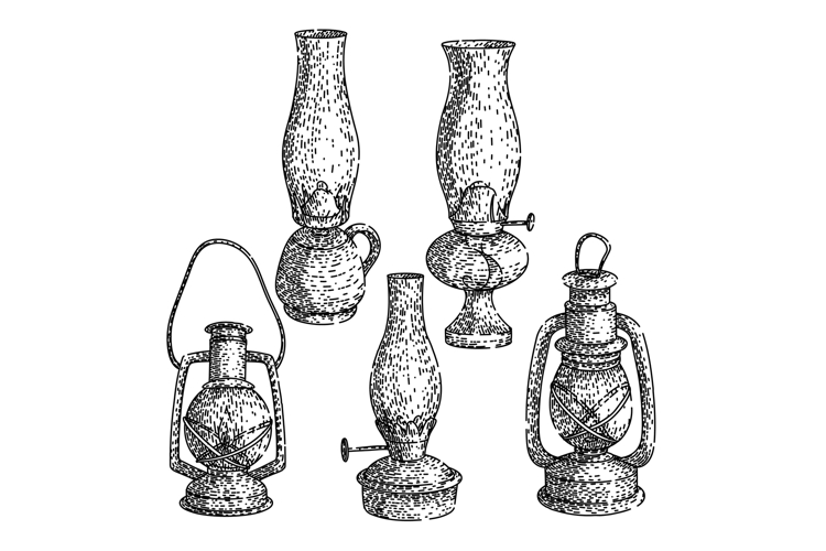 oil lamp set sketch hand drawn