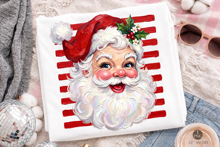 Oil Painting Santa Claus PNG, Striped Christmas T-Shirt