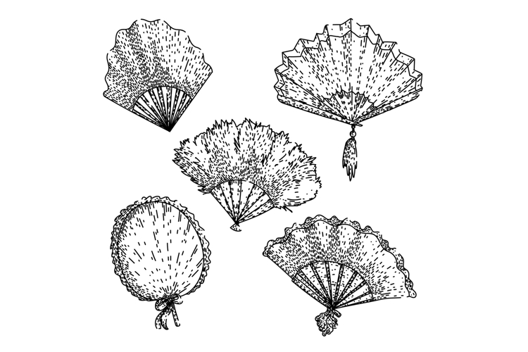 old fashioned fan set sketch hand drawn