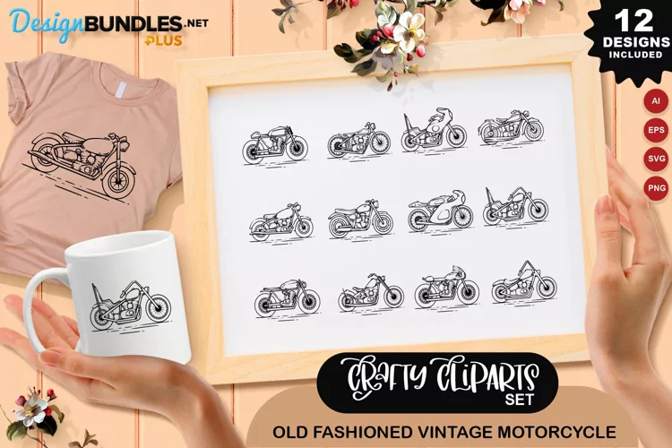 Old Fashioned Vintage Motorcycle Clipart Set