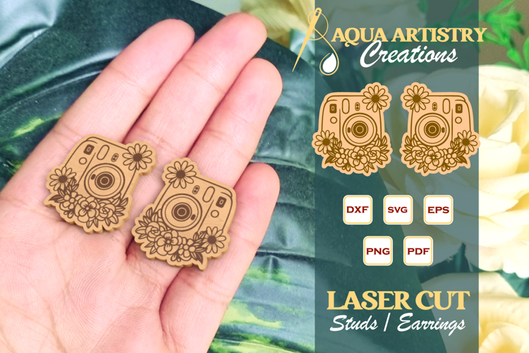 Old Floral Vintage Camera Earrings, Studs, Retro Camera SVG