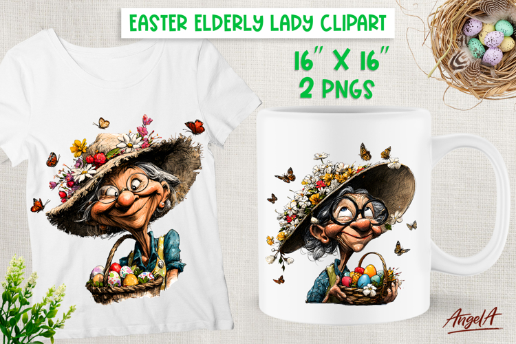 Easter clipart cute elderly lady holding Easter basket, eggs