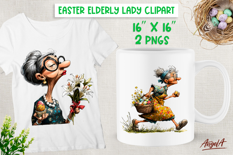 Easter clipart cute elderly lady with bouquet and eggs