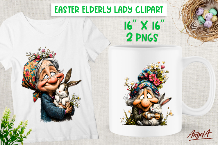 Easter clipart cute elderly lady, grandma with Easter bunny