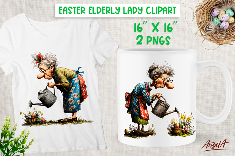 Easter clipart cute elderly lady Spring garden watering can