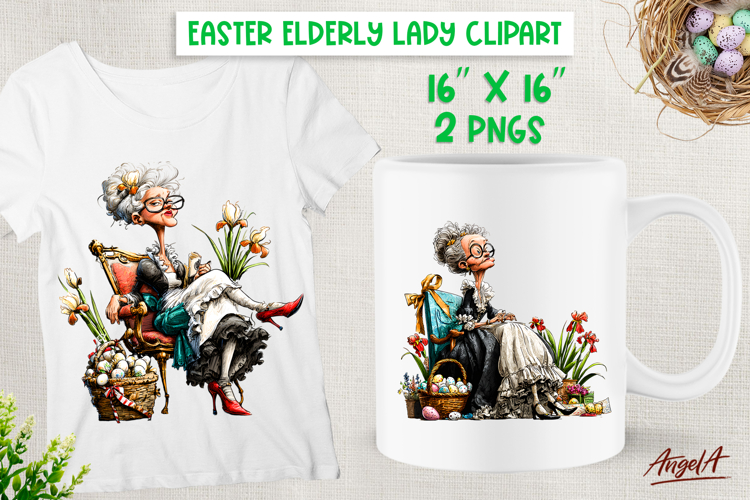 Easter clipart cute Vintage elderly lady, Easter basket PNG