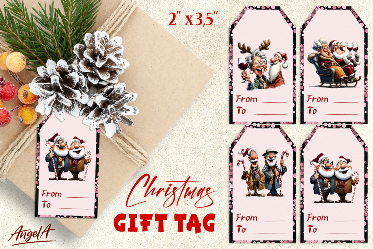 Funny Christmas gift tags, Happy Elderly people and Santa