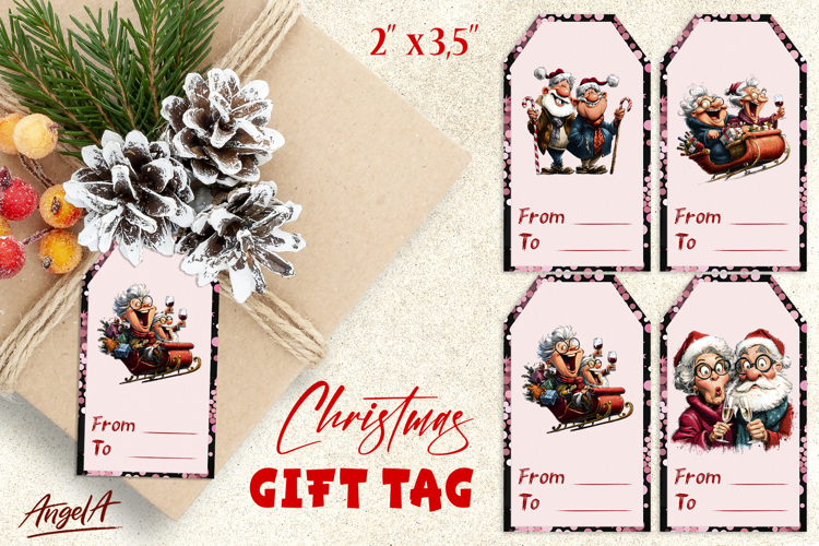 Funny Christmas gift tags, Happy Elderly people and Santa