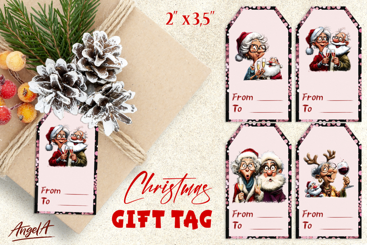 Christmas gift tags, Old lady, Santa Claus drinking wine