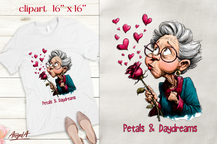 Single Valentine clipart Elderly lady Romantic quote PNG