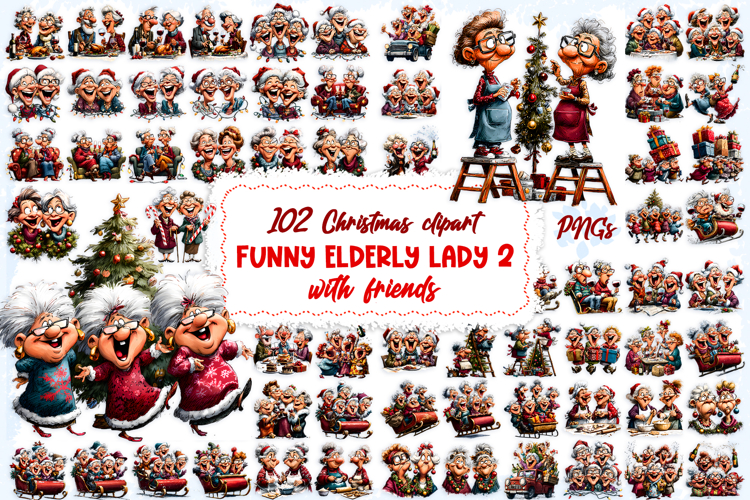 Christmas elderly old lady with friends clipart bundle Humor