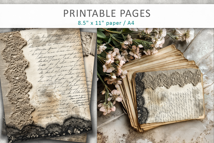 antique paper junk journal pages, lace background