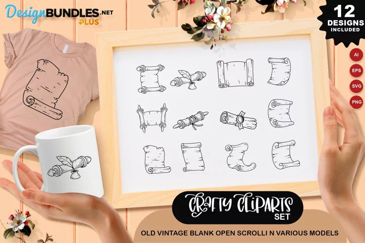 Old Vintage Blank Open Scroll In Various Models Clipart Set