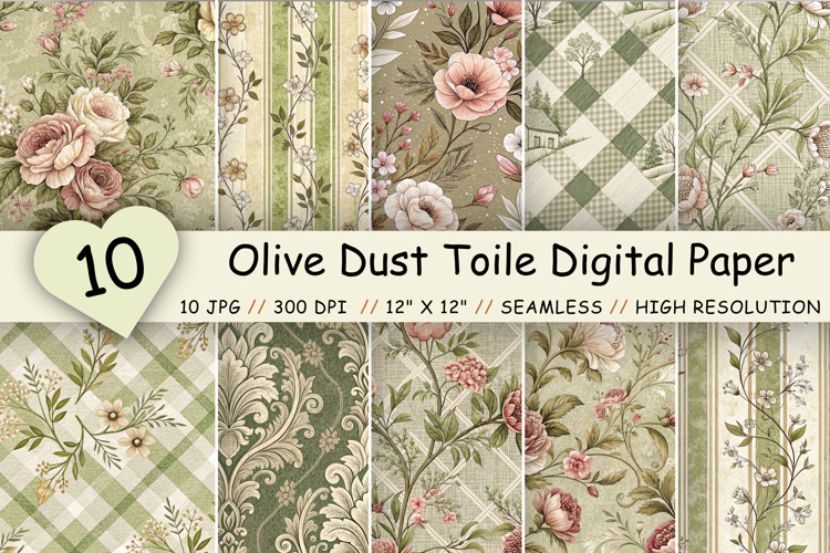 Olive Dust Toile Digital Paper Pack, Vintage Floral Toile
