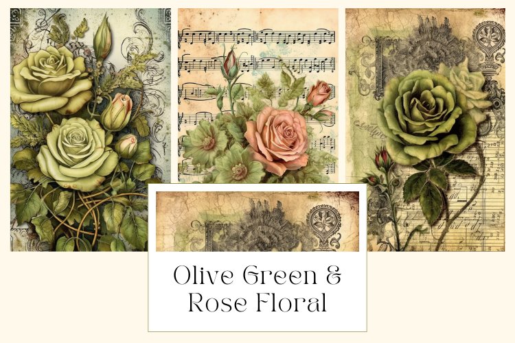 Olive Green and Rose Floral Junk Journal Pages example image 1