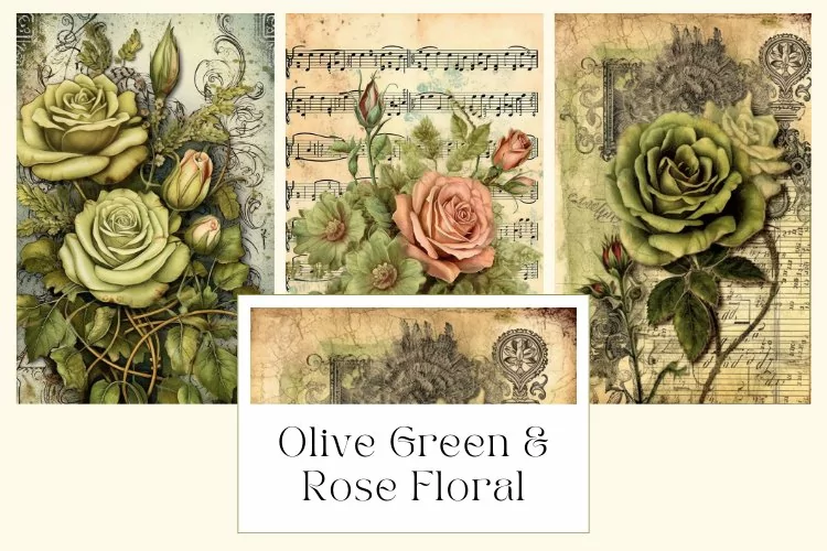 Olive Green and Rose Floral Junk Journal Pages