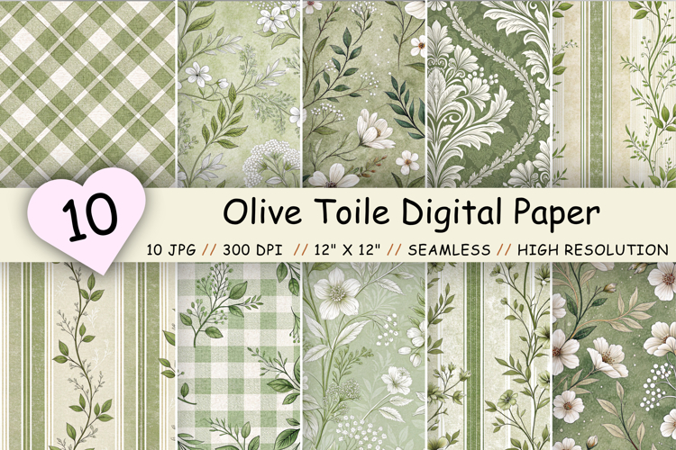 Olive Toile Digital Paper Pack, Vintage Floral Toile