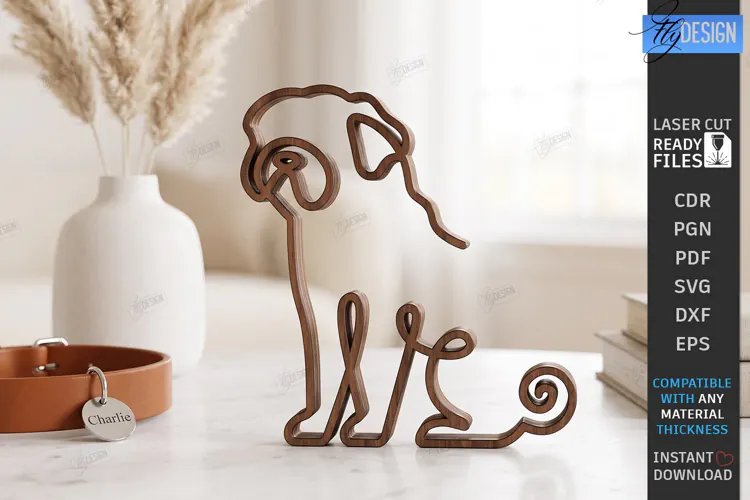 One Line Pug Decor Laser Cut | Dog Art Tabletop Decor Laser