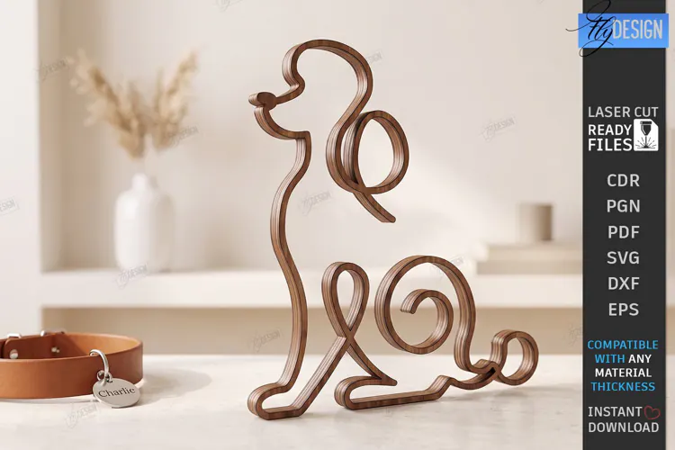 One Line Poodle Decor Laser Cut | Dog Art Tabletop Decor