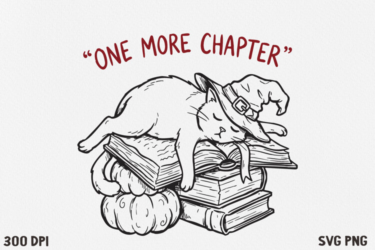 Bookish Halloween Cat SVG PNG | Witchy Reading Cat Design example image 1