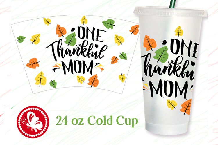 One Thankful Mom SVG | Thanksgiving 24oz Cold Cup Wrap example image 1
