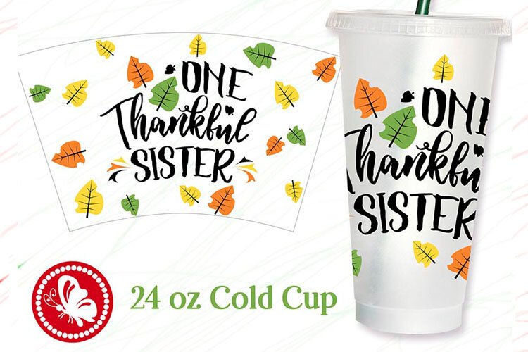 One Thankful Sister SVG | Thanksgiving 24oz Cold Cup Wrap example image 1