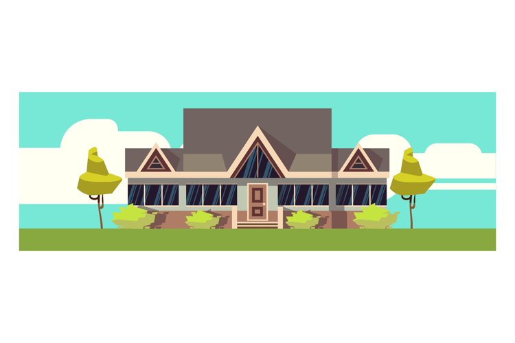 Modern mansion in natural landscape. House front scene