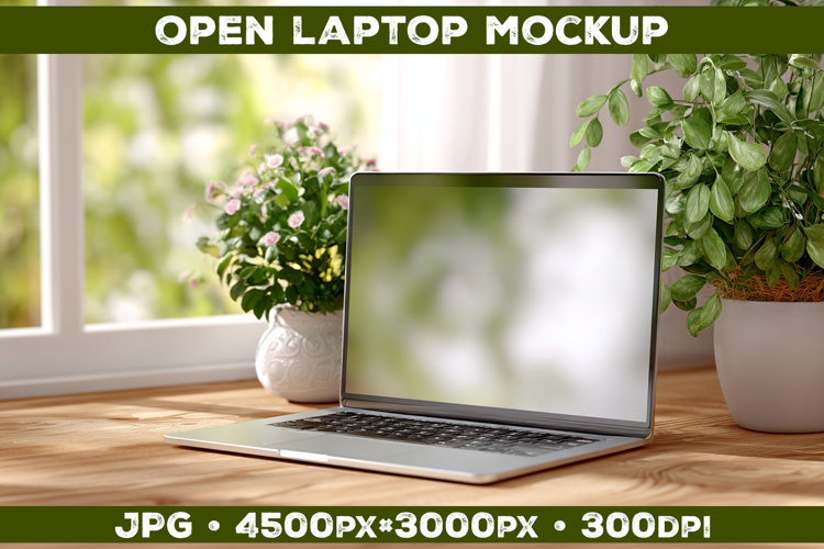 Laptop Mockup on Wooden Desk with Plants and Natural Light