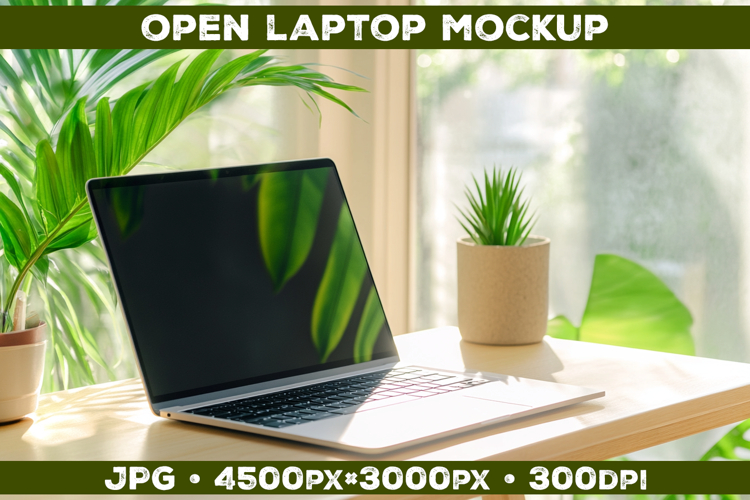 Laptop Mockup on Wooden Desk with Plants and Natural Light